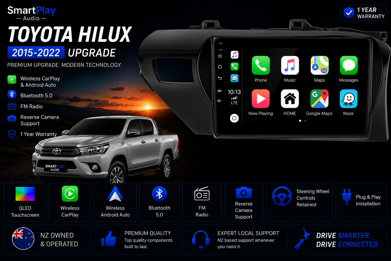 SmartPlay Audio Wireless Apple CarPlay & Android Auto Stereo Upgrade for Toyota Hilux 2015–2022