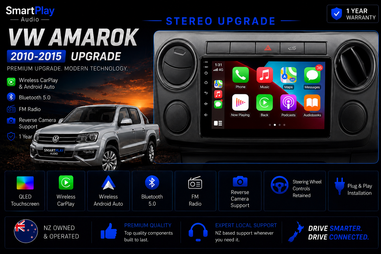 SmartPlay Audio Wireless Apple CarPlay & Android Auto Stereo Upgrade for Volkswagen Amarok 2010–2015