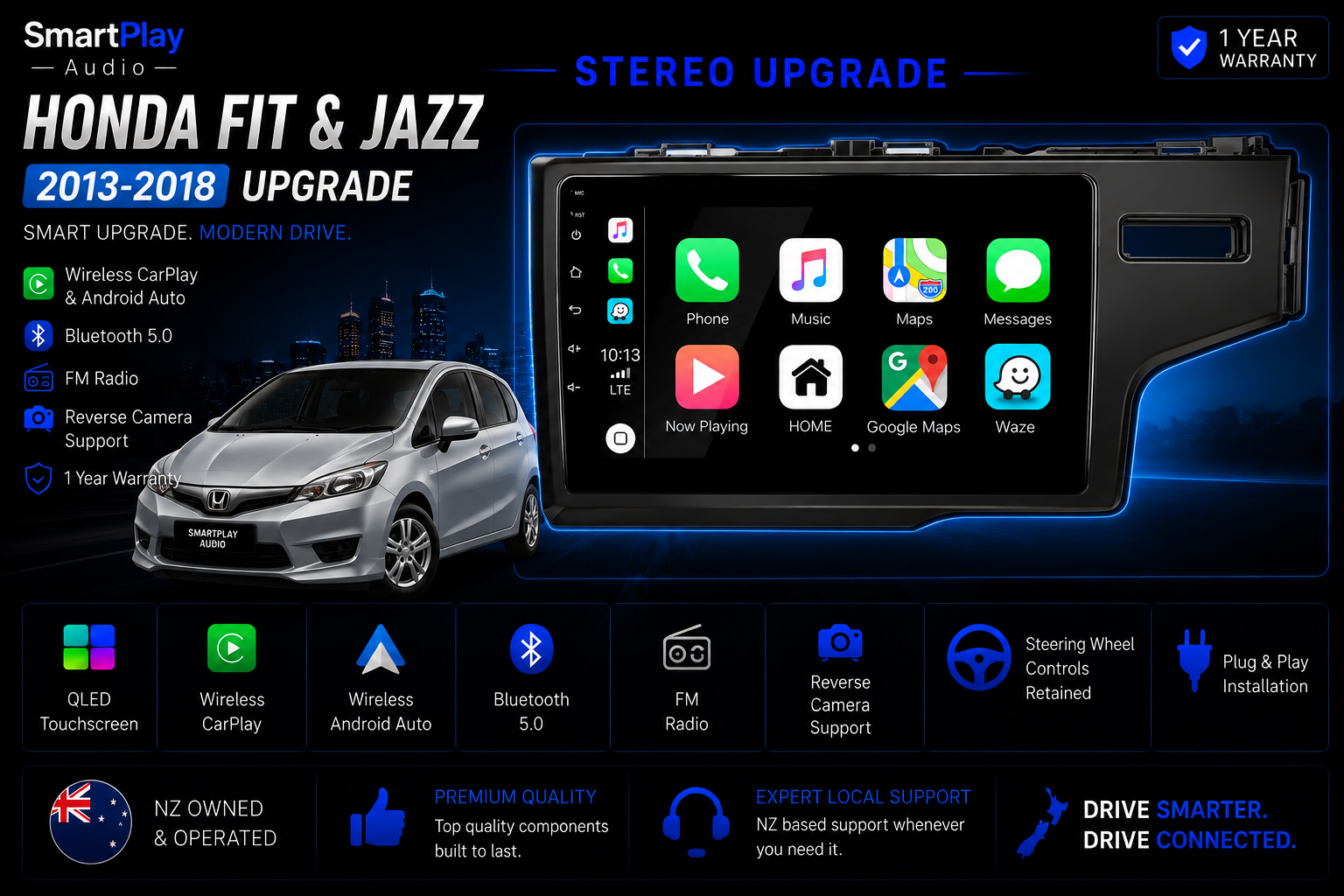 SmartPlay Audio Wireless Apple CarPlay & Android Auto Stereo Upgrade for Honda Fit & Jazz 2013–2018