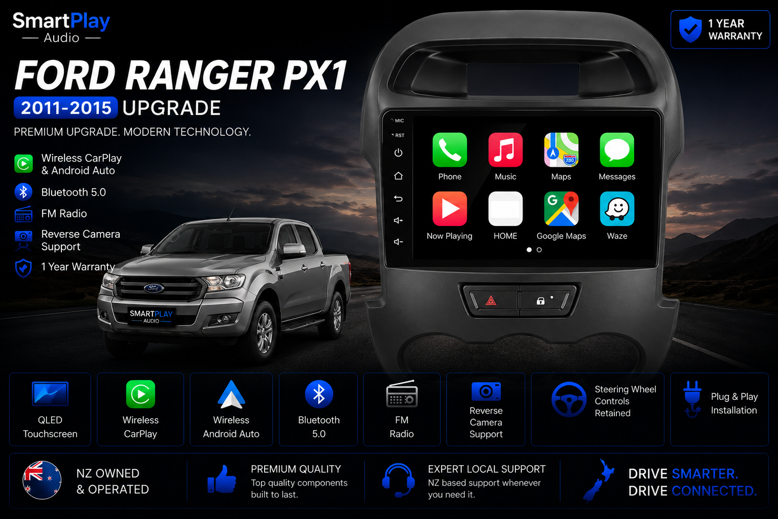 SmartPlay Audio Wireless Apple CarPlay & Android Auto Stereo Upgrade for Ford Ranger PX1 2011–2015