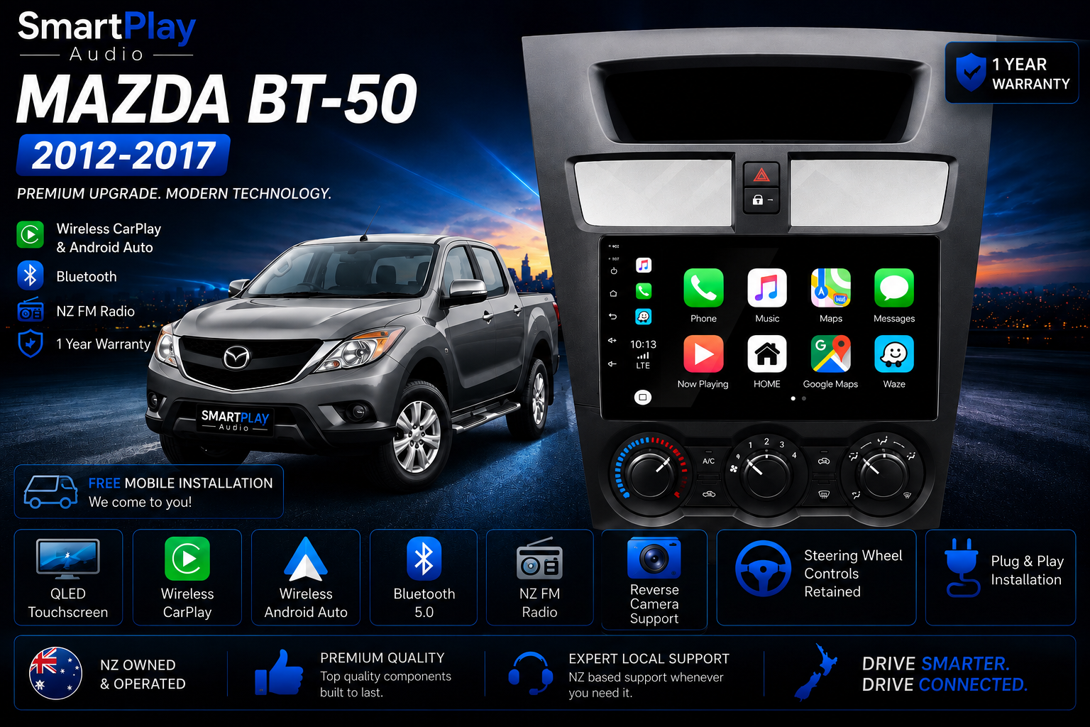 SmartPlay Audio Wireless Apple CarPlay & Android Auto Stereo Upgrade for Mazda BT-50 2012–2017