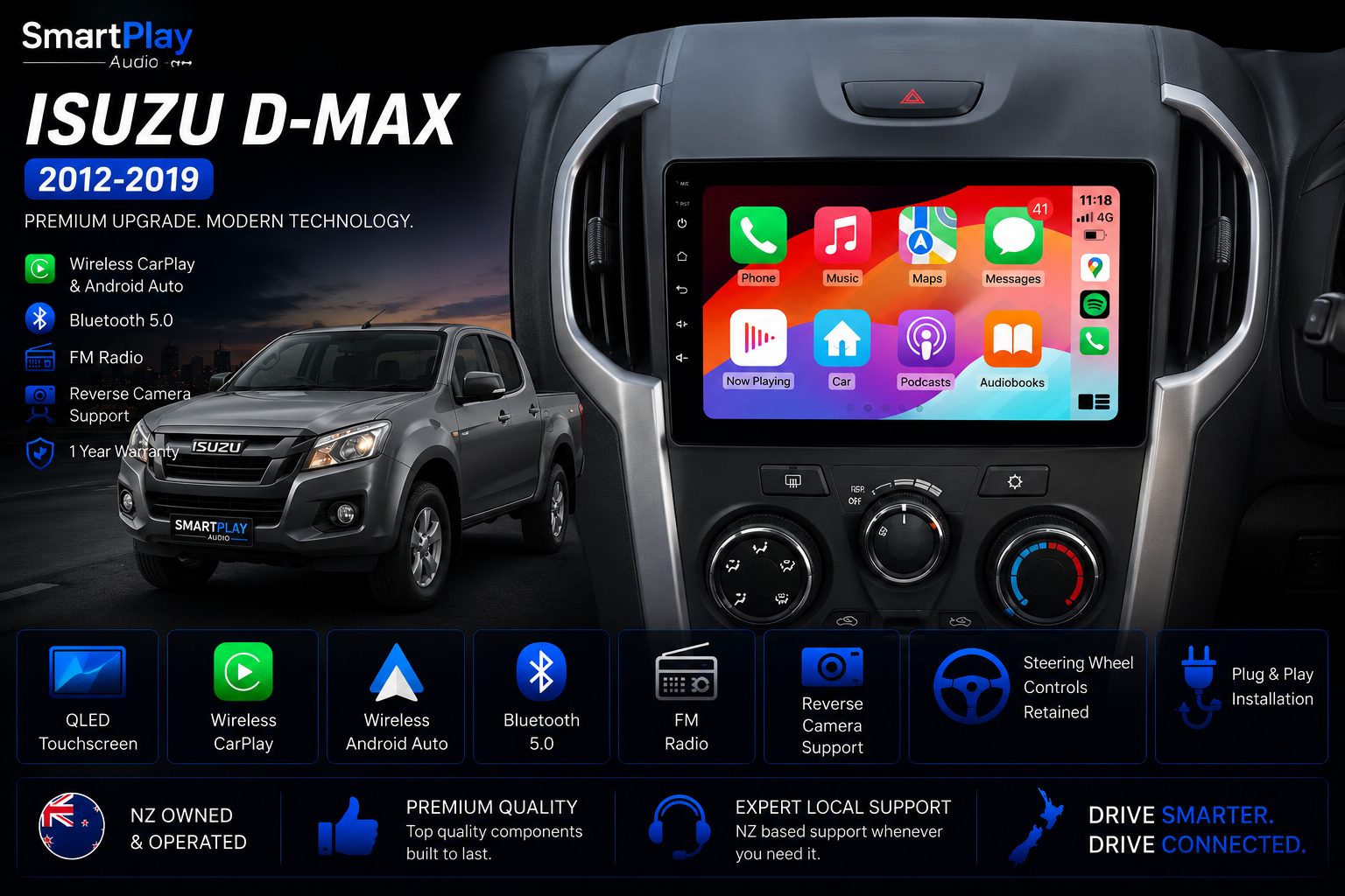 SmartPlay Audio Wireless Apple CarPlay & Android Auto Stereo Upgrade for Isuzu D-Max 2012–2019