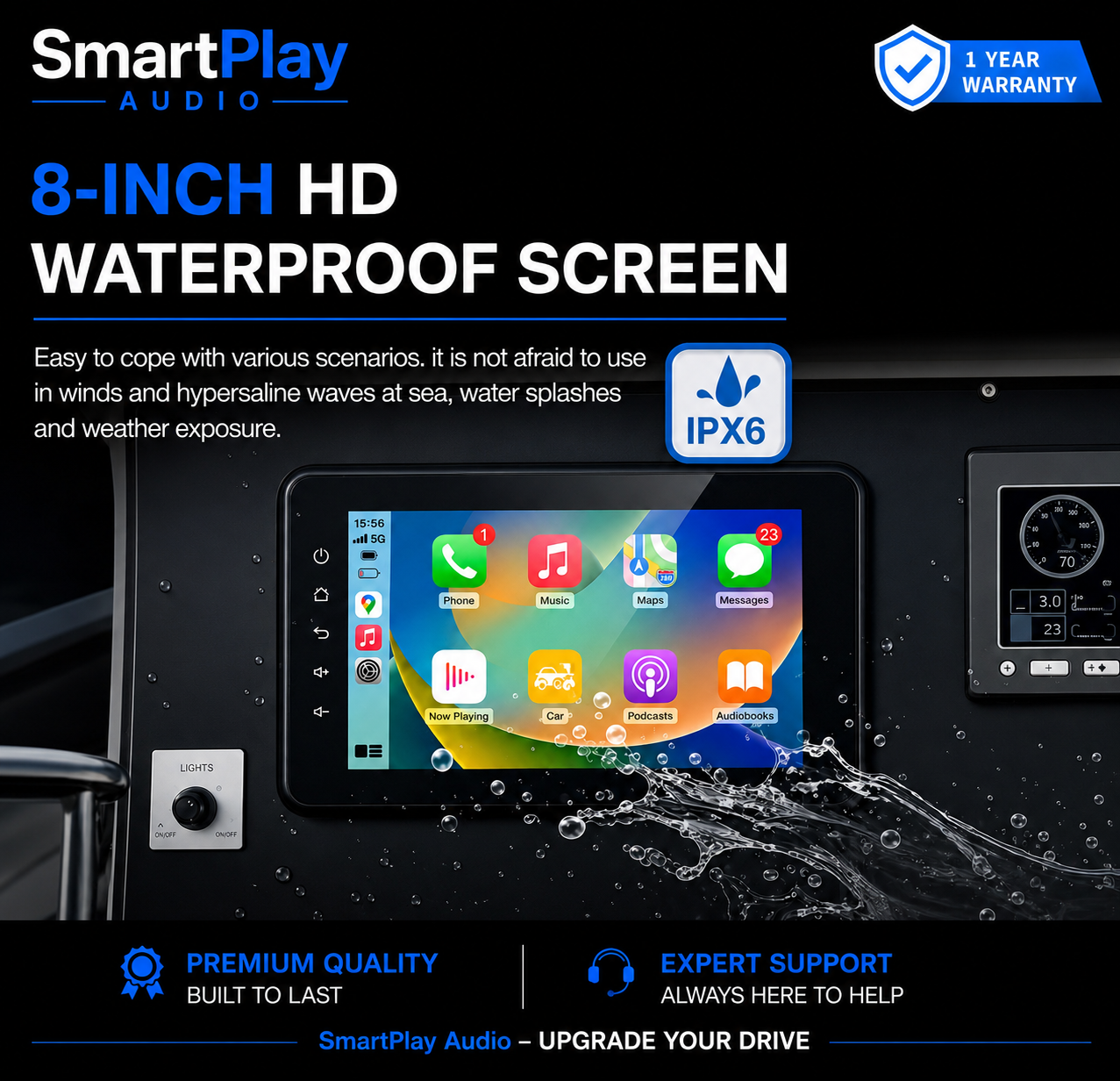 SmartPlay Audio 8" Marine & RV Multimedia Player with Wireless Apple CarPlay & Android Auto