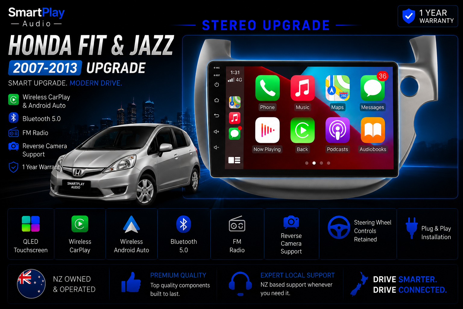 SmartPlay Audio Wireless Apple CarPlay & Android Auto Stereo Upgrade for Honda Fit & Jazz 2007–2013
