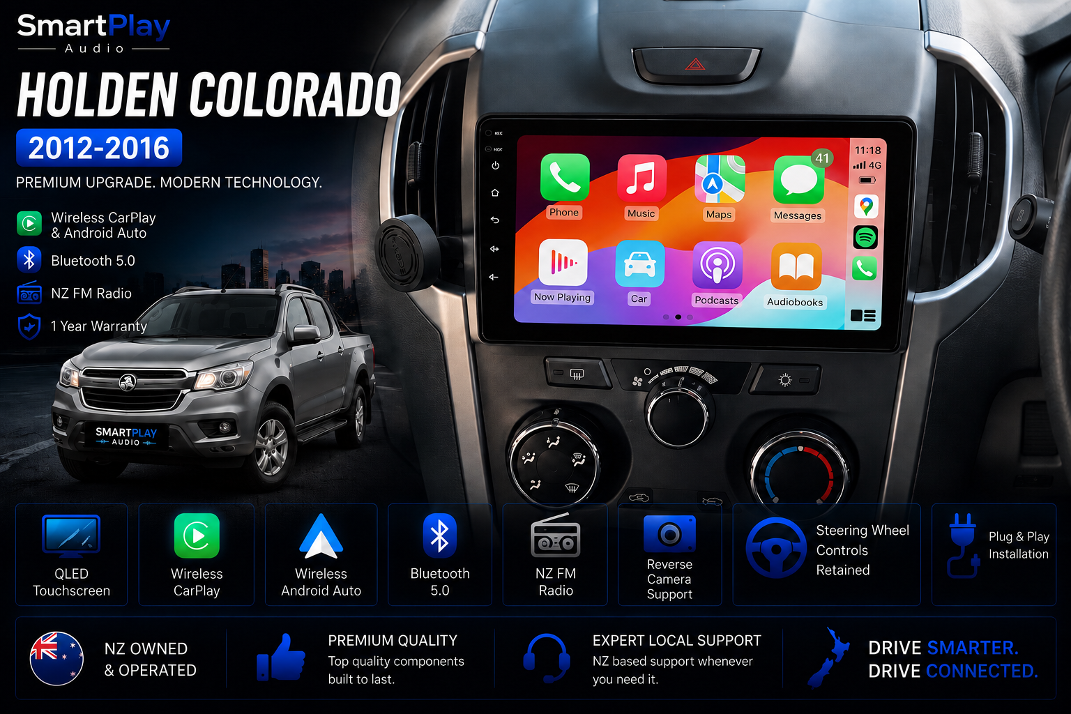 SmartPlay Audio Wireless Apple CarPlay & Android Auto Stereo Upgrade for Holden Colorado 2012–2016