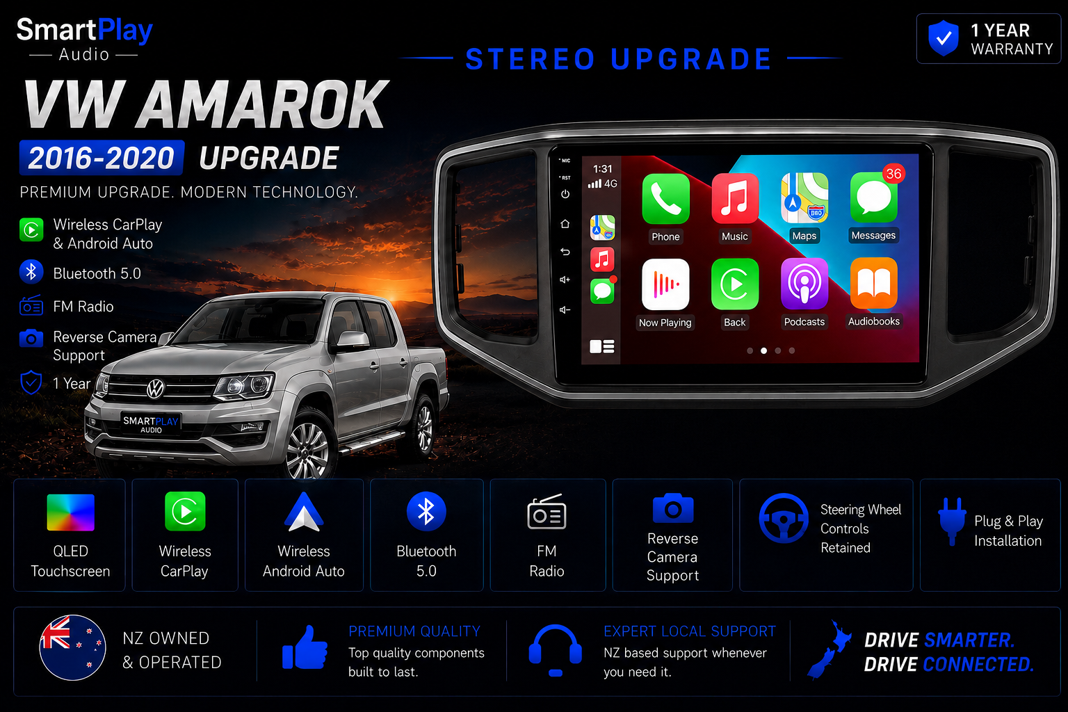 SmartPlay Audio Wireless Apple CarPlay & Android Auto Stereo Upgrade for Volkswagen Amarok 2016–2020