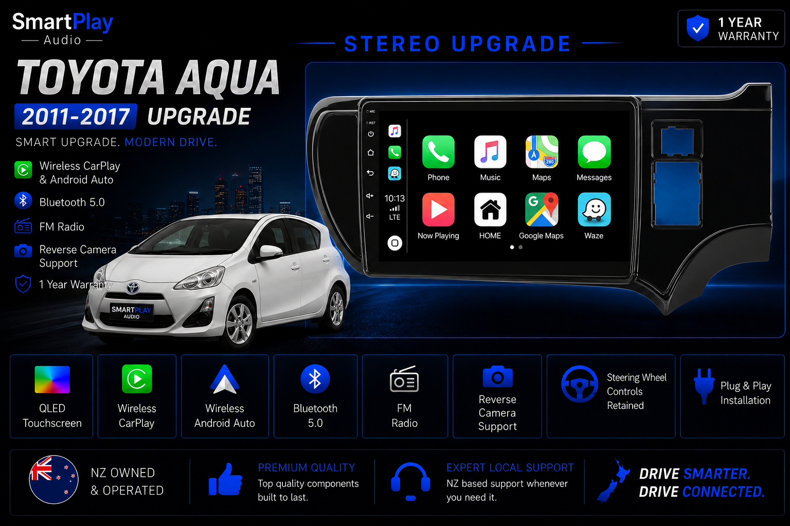 SmartPlay Audio Wireless Apple CarPlay & Android Auto Stereo Upgrade for Toyota Aqua 2011–2017