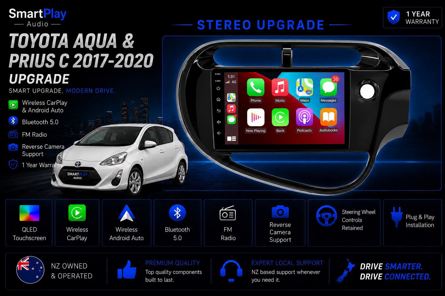 SmartPlay Audio Wireless Apple CarPlay & Android Auto Stereo Upgrade for Toyota Aqua & Prius C 2017–2020