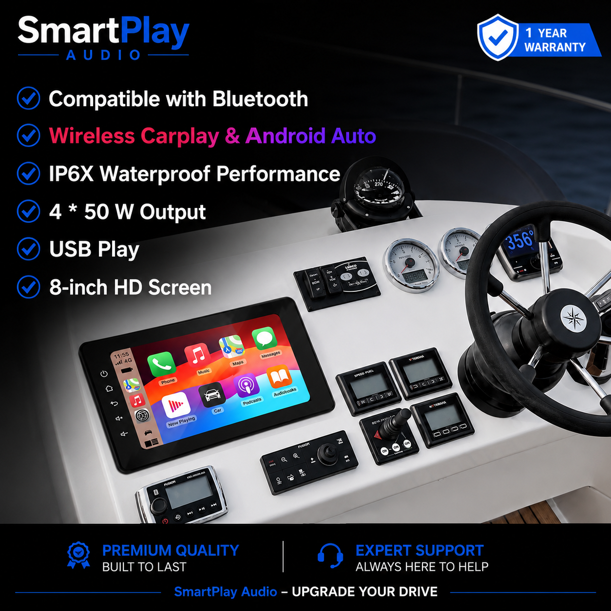 SmartPlay Audio 8" Marine & RV Multimedia Player with Wireless Apple CarPlay & Android Auto