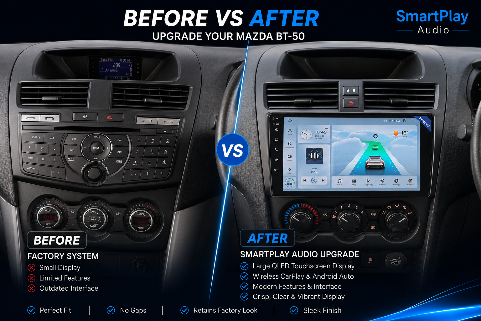 SmartPlay Audio Wireless Apple CarPlay & Android Auto Stereo Upgrade for Mazda BT-50 2012–2017