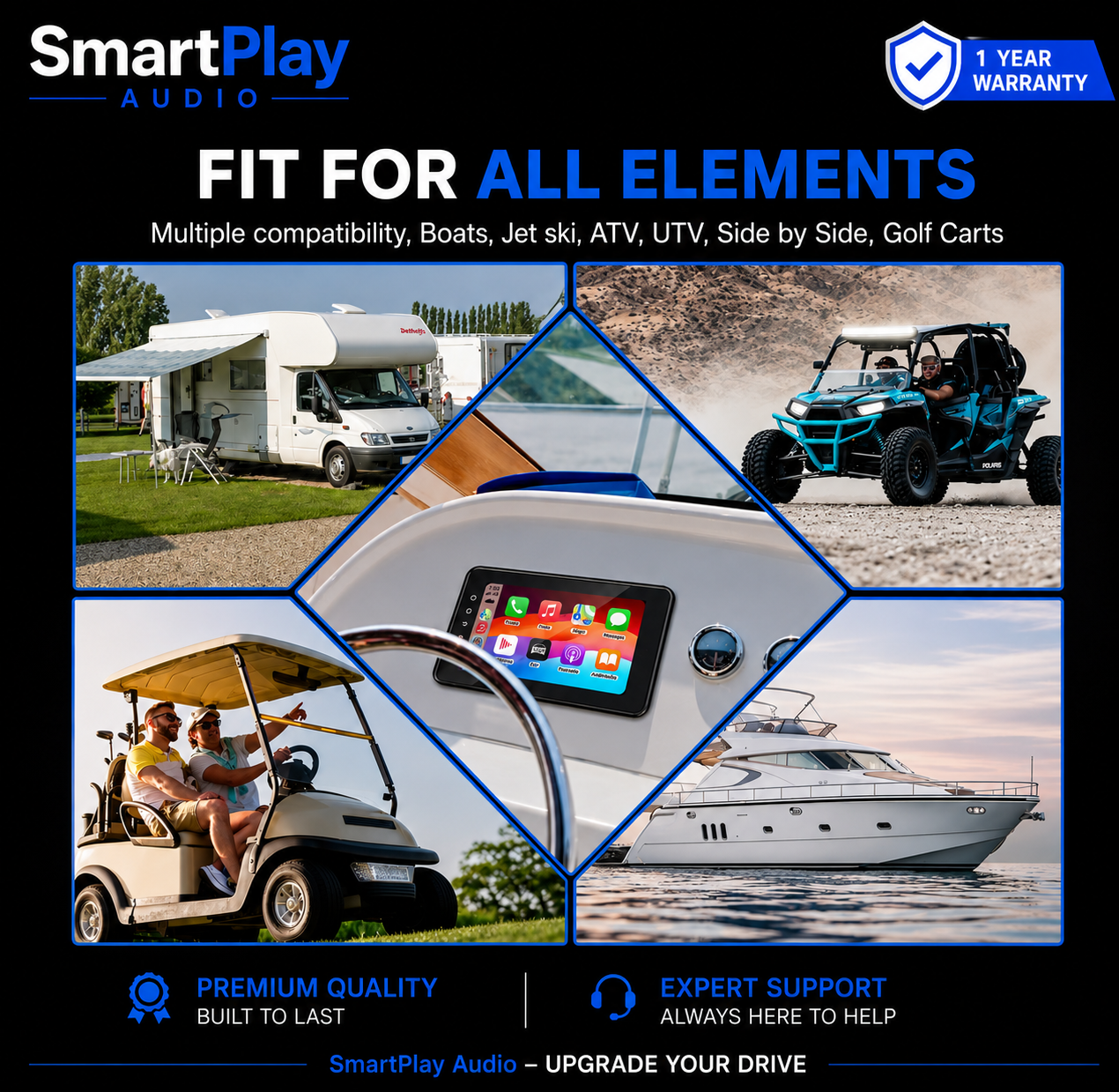 SmartPlay Audio 8" Marine & RV Multimedia Player with Wireless Apple CarPlay & Android Auto